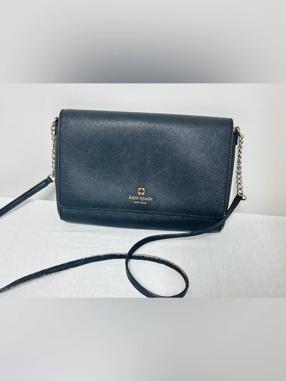 kate spade black leather crossbody with gold chain